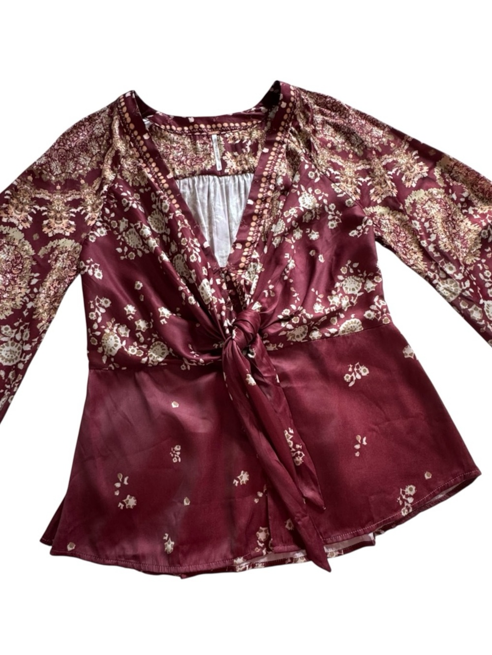 Free People Run Free Tie-Front Boho Blouse Burgundy Floral - Size Large